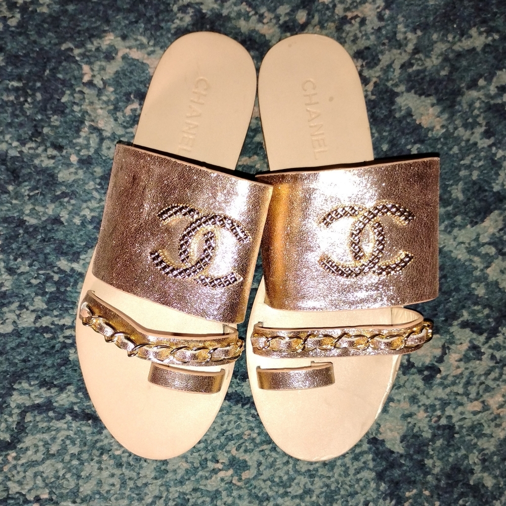 Metallic Rose Gold Slide Sandals